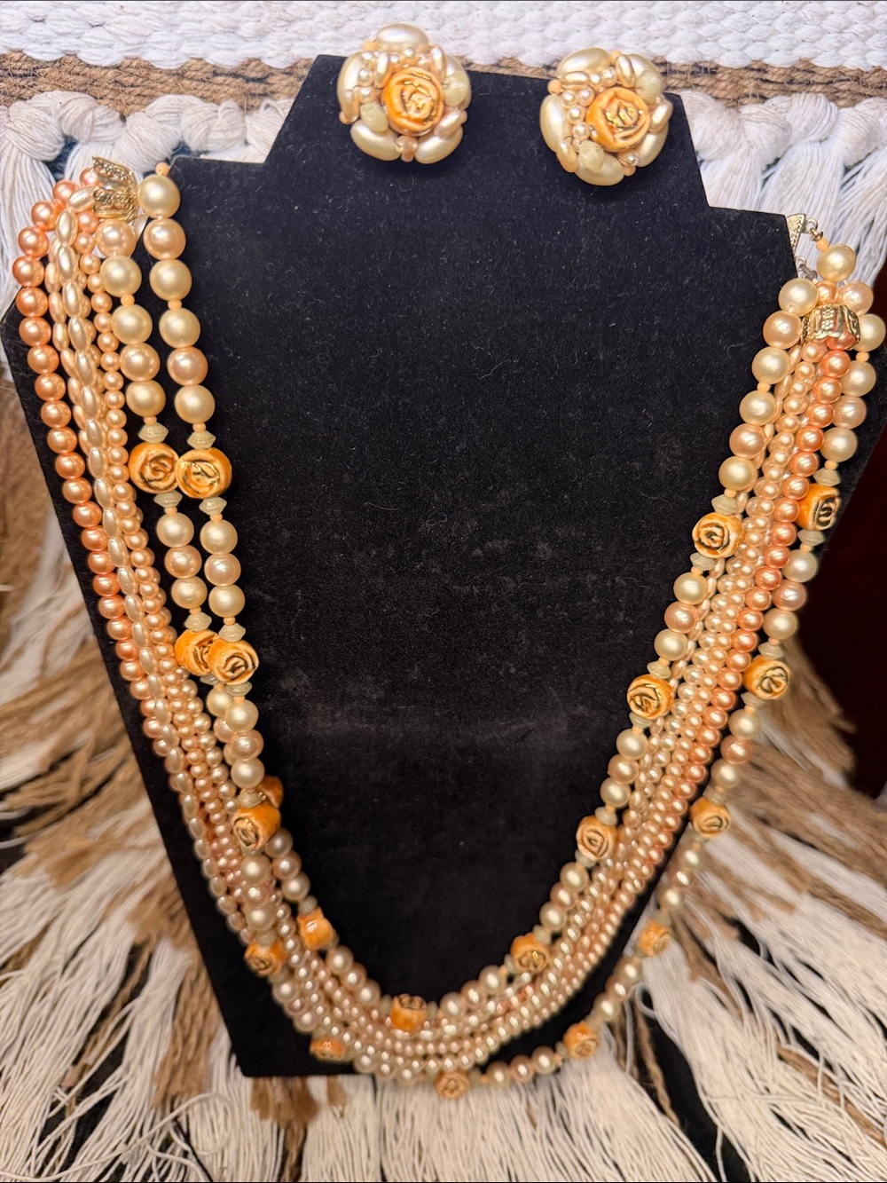 Multi-Strand Peach Pearl & Rose Necklace with Matching Clip On Earrings